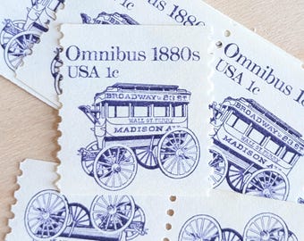 10 Omnibus 1880s Stamps, Vintage Unused USPS 1 Cent Stamps, Public Transportation Stamps, Gummed