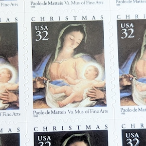 Folha de 20 selos Paolo de Matteis Madonna e Criança, 1995 Selos postais de Natal não utilizados, selos de 32 centavos, selos autoadesivos