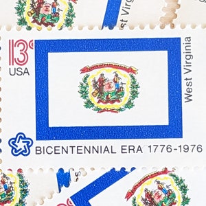Conjunto de 10 selos da bandeira do estado da Virgínia Ocidental, selos postais antigos, sem uso, USPS de 13 centavos, série de bandeiras estaduais, 1976, gomados