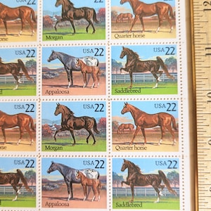 Sheet of 40 Horse Stamps, Appaloosa, Morgan, Quarter Horse, Saddlebred, 22 Cent, Unused Stamps, 1985, Vintage Collectible Stamps