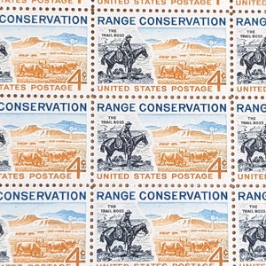 Hoja de 50 sellos de conservación de pastizales, 4 centavos, 50 sellos sin usar, 1961, sello Trail Boss, sello de ganadería, franqueo de arreo de ganado