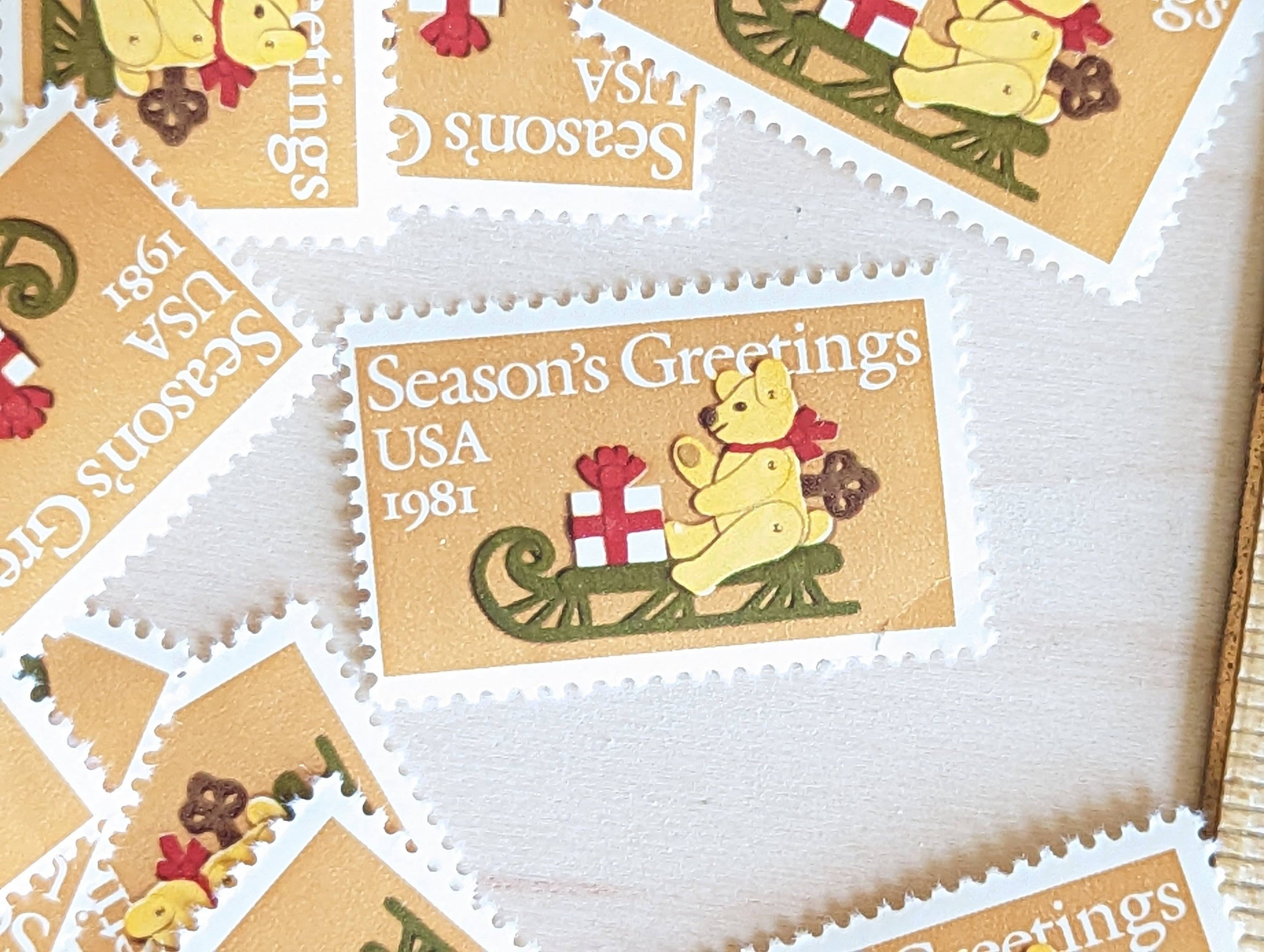 10 Christmas Season's Greetings Teddy Bear Stamps, Vintage Unused