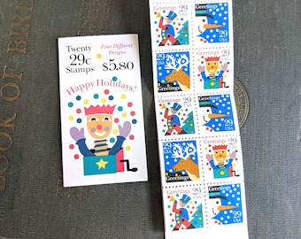Happy Holidays! Postage Stamp Booklet, 4 Designs, 29 Cent Stamps, 20 US Postage Stamps Unused, 1992, Vintage Collectible Stamps