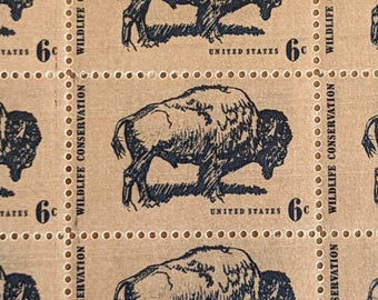 Sheet of 50 Wildlife Conservation Bison Stamps, Vintage Unused USPS 6 Cent Stamps, 1970 Gummed