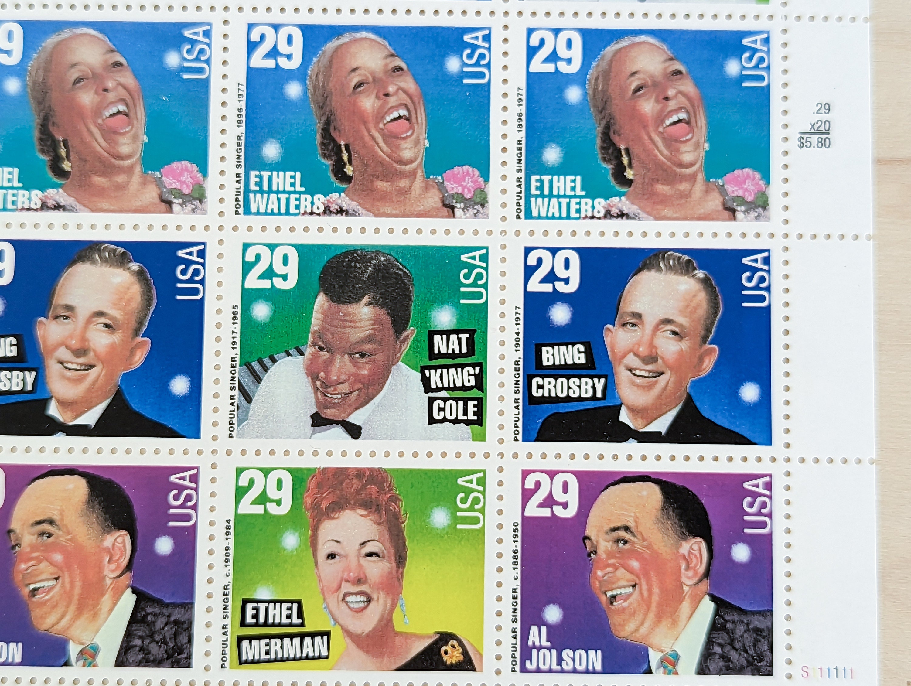 人気歌手20名の29セント切手シート、1993年、エセル・マーマン、ナット