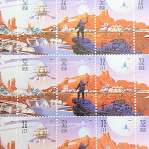 May include: A sheet of 10 US postage stamps featuring a futuristic city scene with a space ship, a moon, and a person standing on a rock. The stamps are 32 cents each.