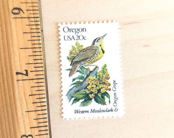 5 Oregon State Stamps, Vintage Unused USPS 20 Cent Postage, State Bird and Flower, 1982 Gummed