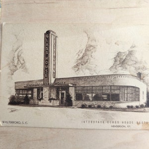 Ongebruikte glazen huis ansichtkaart, Interstate Glass House Restaurant. Henderson KY.