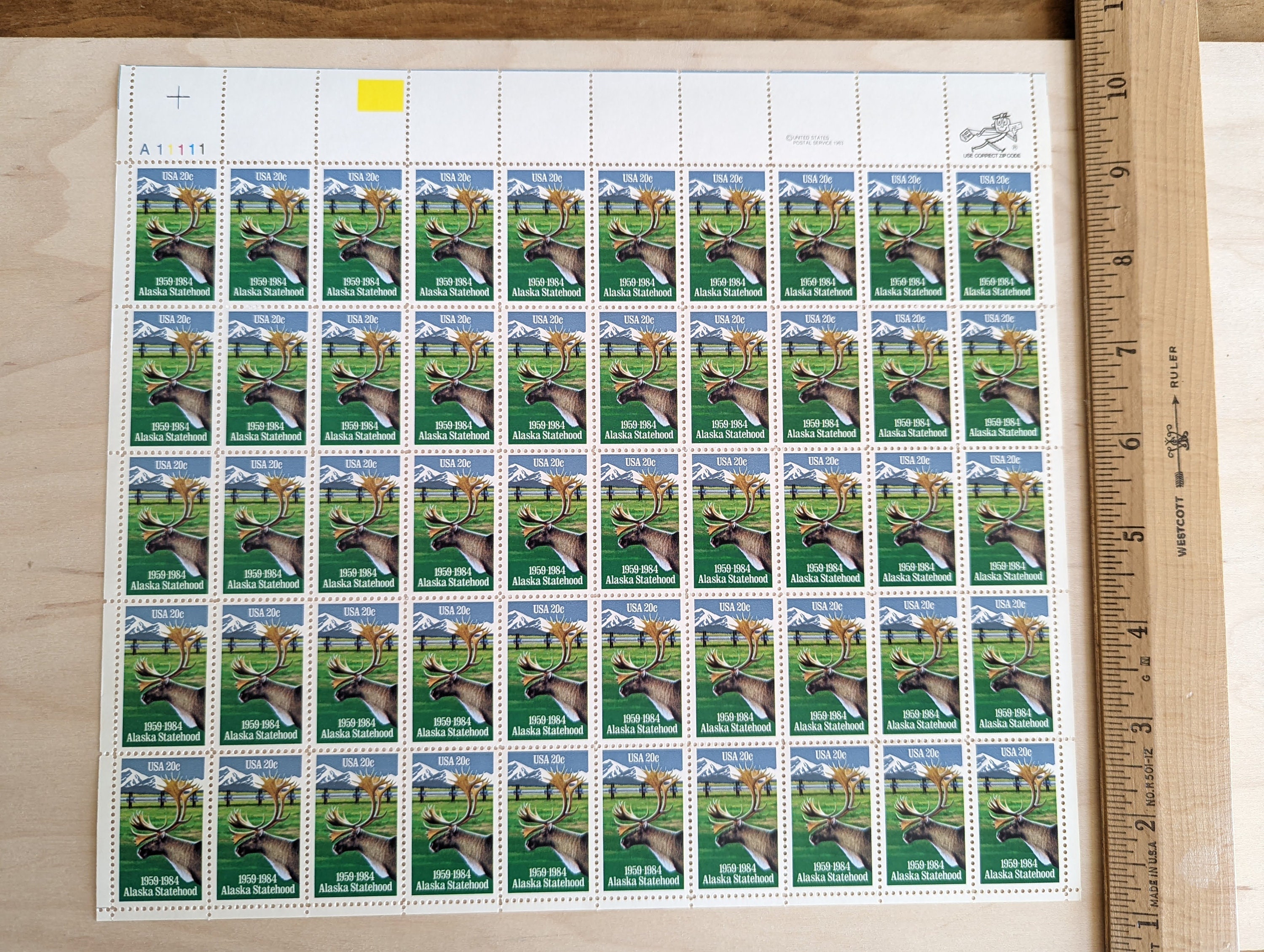 Sheet of 50 Alaska Postage Stamps, 20 Cent Stamps, 1984, Alaska ...