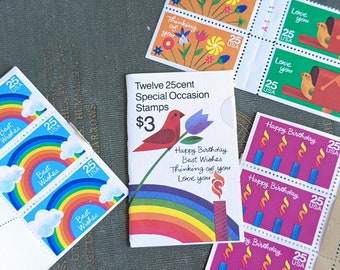 1988 Booklet of Twelve 25 Cent Stamps, Special Occasions. Birthday, Best Wishes, Thinking of You and Love You, Vintage Collectible Stamps