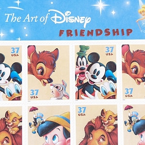 Sheet of 20 The Art of Disney Friendship Unused US Stamps, 2003, 37 Cent Stamps, Mickey, Donald, Goofy, Pinocchio, Bambie, Lion King