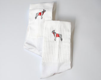 Chaussettes blanches avec imprimé chien Origami BOSTON TERRIER Dshirt14 Sublicushion Performance Quotidien, sport, temps libre, chaussettes fabriquées en Italie