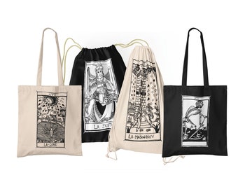 TOTE BAG DRAWSTRING Tasche Tarot de Marseille Tarot Gerechtigkeit, La Lune La Maison Dieu, Mort Bio-Baumwolle Wählen Sie Ihre symbolische Karte