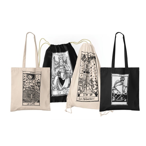 TOTE BAG  DRAWSTRING bag  "Tarot de Marseille" Tarocchi la Justice, La Lune, La Maison Dieu, Mort