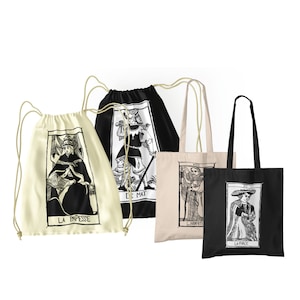 TOTE BAG DRAWSTRING bag "Tarot de Marseille" Tarocchi le Mat, Hermite, le Papesse, la Force