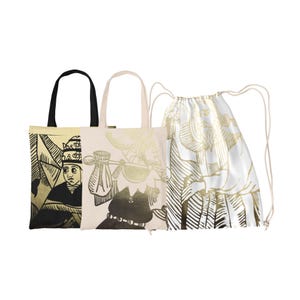 TOTE BAG DRAWSTRING Tasche "Tarot de Marseille" Golddruck Gold Tarot le Mat, Hermite, le Papesse, la Force