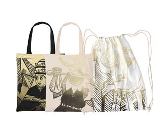 BOLSO TOTE BOLSO CON CORDÓN "Tarot de Marseille" estampado dorado Tarot dorado le Mat, Hermite, le Papesse, la Force