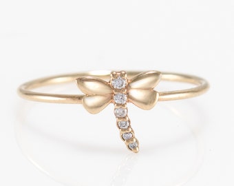 Petite 14k Dragonfly Ring / 14k Diamond Dragonfly Jewelry / Good Luck Symbol / 14k Insect Jewelry / Bug Jewelry Gift