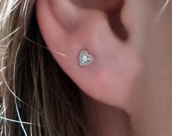 Tiny Diamond Heart Studs - 14k White Gold - 4mm Earrings - April Birthstone - Conflict Free - Minimalist Earrings - Wedding Jewelry