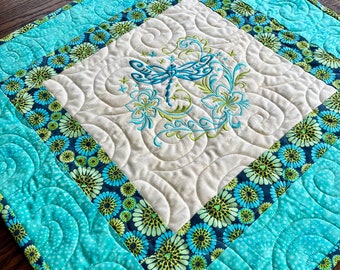 Quilted Spring Table Runner, Handmade Blue Green Aqua Dragonfly Table Topper, New Home Gift