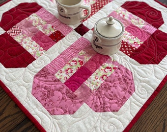 Quilted Valentine Table Runner, Handmade Hearts Table Topper, Valentines Day Table Decor