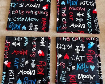 Handmade Cat Coasters, Set Of 4 Fabric Drink Coasters, Cat Lover Gift, Hostess Gift Ideas