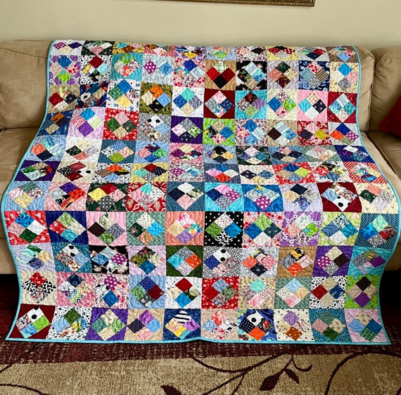 Vintage Style Throw Quilt, Handmade Scrappy Patchwork Quilt, Modern Farmhouse Quilts For Sale