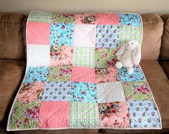 Baby Girl Quilt, Handmade Pink Shabby Chic Floral Patchwork Baby Quilt, Cottagecore Decor, Baby Shower Gift