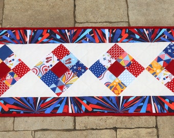 Patriotic Table Runner, Red White Blue Americana Quilted Table Topper, 4th of July Table Decor
