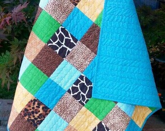 Patchwork Baby Quilt, Handmade Animal Print Crib Quilt, Safari Jungle Nursery Decor