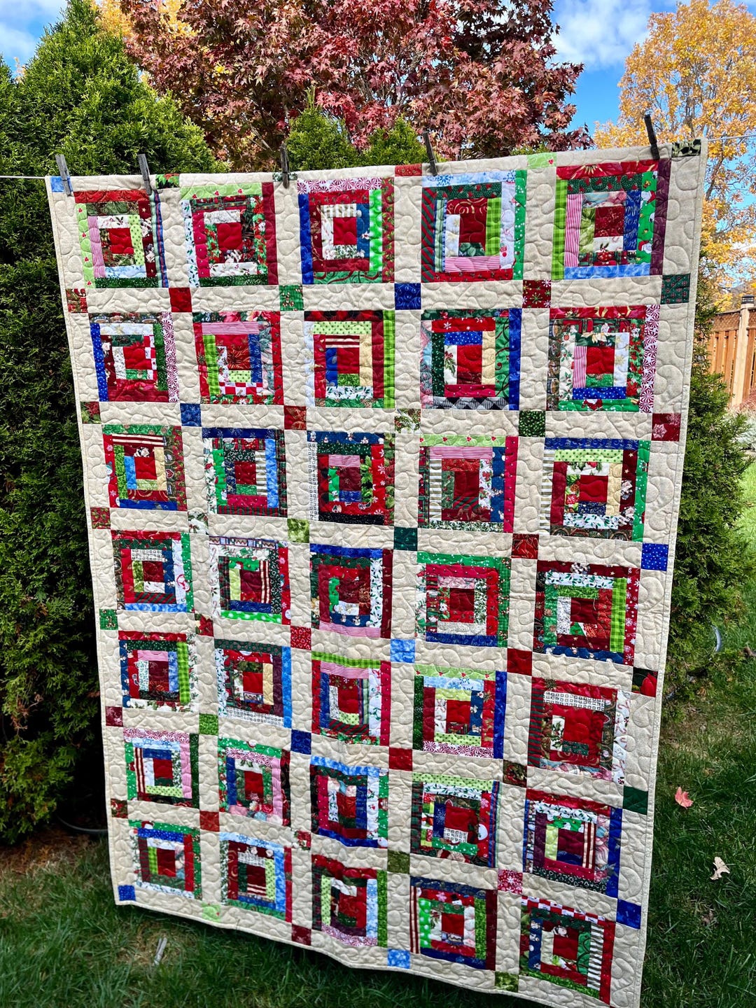 Handmade Christmas Quilt, Scrappy Log Cabin Patchwork Throw Quilt ...