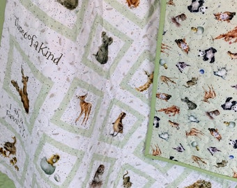 Baby Girl Quilt, Handmade Baby Animals Crib Quilt, Gender Neutral Baby Quilt, Baby Shower Gift