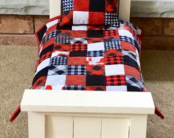 18 inch Doll Bedding Set, Handmade Buffalo Plaid Patchwork Doll Quilt, Doll Accessories