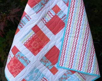 Baby Girl Quilt, Handmade Coral Aqua Cream Patchwork Crib Bedding, Baby Quilts for Sale, Baby Girl Gift
