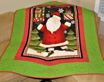 Farmhouse Christmas Quilt, Handmade Santa Claus Lap Quilt, Christmas Gift For Mom