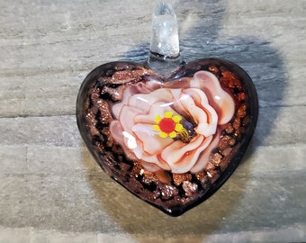 Glass Heart Necklace Pendant with Pink Flower and shimmers inside