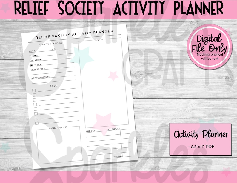 Op de afbeelding: Een printbare planner voor activiteiten van de Hulpverleningsvereniging. De planner bevat secties voor een overzicht van de activiteit, een to-dolijst, taken, het budget en het geschatte totaal. De planner is 8,5 inch bij 11 inch.