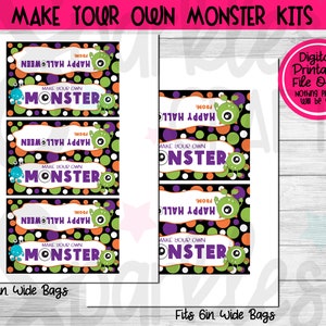 May include: Three printable gift tags with a black background, green, orange, and purple polka dots, and a cartoon monster with one eye. The text on the tags reads "Happy Halloween from Make Your Own Monster". The tags are designed to fit 5-inch wide bags.