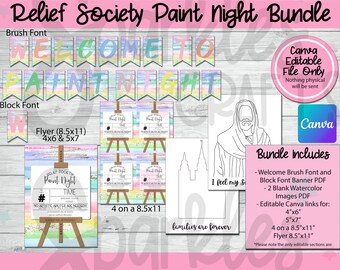 Op de afbeelding: Een digitaal downloadpakket voor een Relief Society Paint Night-evenement. Het pakket bevat een welkomstbanner, een flyer, een blanco aquarelimage en een kleurplaat van Jezus Christus. De afbeeldingen zijn in een pastelkleurenschema met regenboogstrepen en glitteraccenten. De tekst op de flyer luidt "Relief Society Paint Night" en bevat een ruimte voor datum en tijd. De tekst op de welkomstbanner luidt "Welkom bij Paint Night".