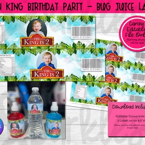 May include: Three printable labels for juice bottles featuring a Lion King theme. The labels are blue with a jungle background and feature a photo of a child with the text "The King is 2".