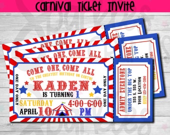 May include: Carnival-themed birthday party invitations. The design features red and white striped borders, blue accents, and the text "Come One, Come All." The invitation includes the name "Kaden," the age "1," and event details.