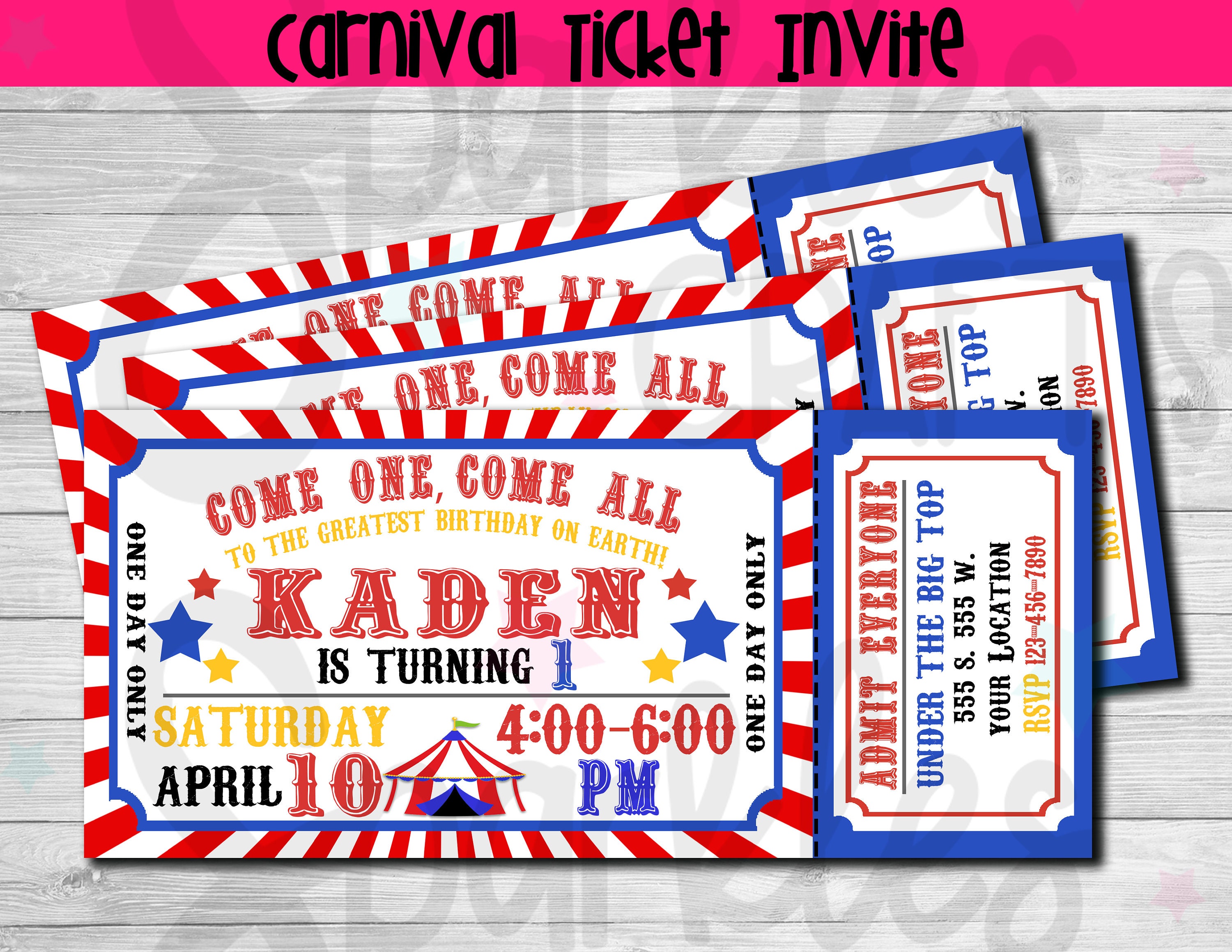 Carnival Ticket Birthday Invitation, Circus Party, Circus Invitation