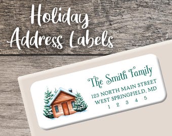 Holiday Return Address Labels Christmas Label Personalized Custom Digital Printed Watercolor Cozy Snowy Cabin in the Woods Winter Greenery
