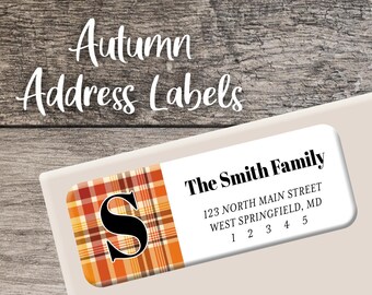 Autumn Return Address Labels, Fall Plaid Monogram Labels, Personalized Address Label, Custom Label, Digital or Printed Label, Fall Wedding