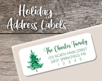 Christmas Tree Return Address Labels 010 Holiday Personalized Address Label Custom Digital or Printed Winter Pine Trees Watercolor