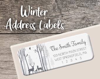 Winter Forest Return Address Label Snowy Forest Label Personalized Address Label Custom Digital or Printed Deer Sticker Winter Birds in Snow