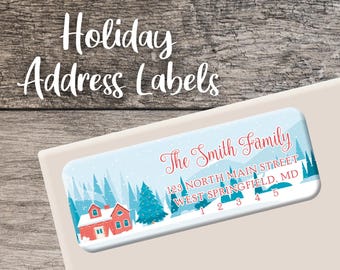 Holiday Forest Return Address Labels Snowy Winter Forest Label Personalized Mountain Label Custom Digital or Printed Cozy Cabin Pine Trees