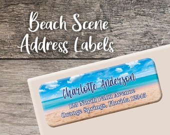 Beach Return Address Labels 007 Beach Scene Personalized Address Label Custom Sheet Digital Printed Tropical Ocean Sunset Wedding Shower