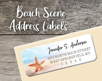 Beach Return Address Labels 004 Starfish Personalized Address Label Custom Sheet Digital Printed Tropical Ocean Sunset Sand Wedding Shower