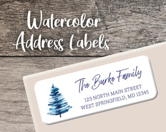 Pine Tree Return Address Label Christmas Personalized Address Label Custom Digital Printed Holiday Blue Winter Forest Calligraphy Watercolor